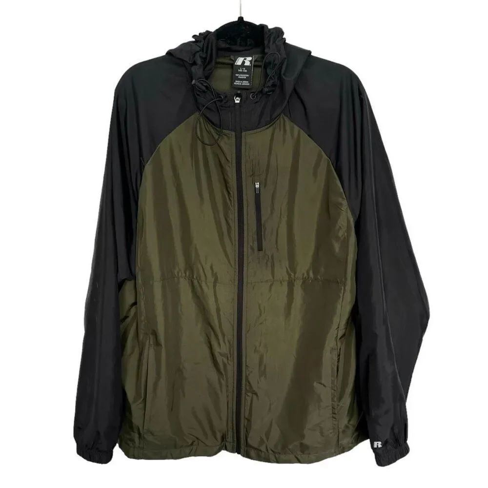 Russell Athletic Men's Green Black Mesh Zip-Up Hooded Windbreaker Jacket Large